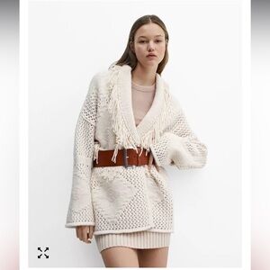 Mango Cream Knit Fringe Cardigan